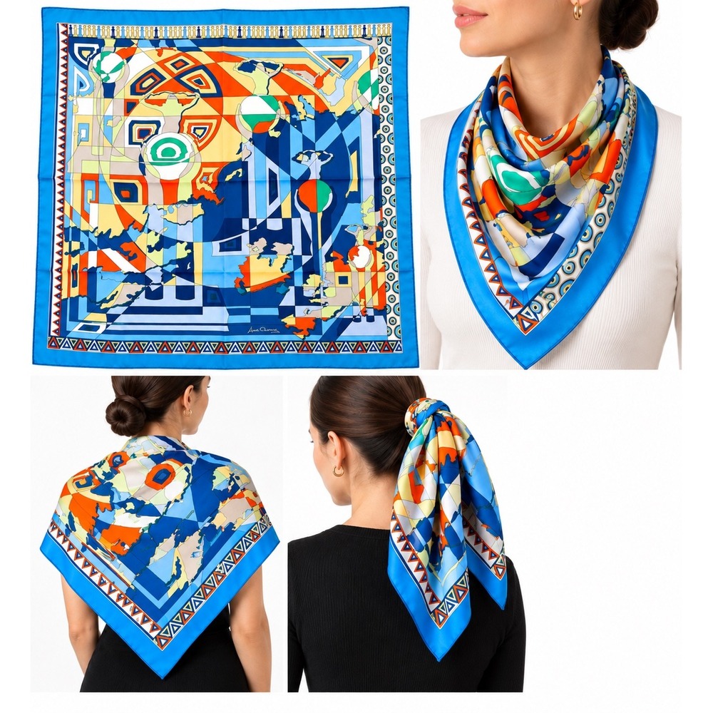 Anna Chromy The Silk Road 100% Silk Handmade Square Scarf Blue Geometric Map